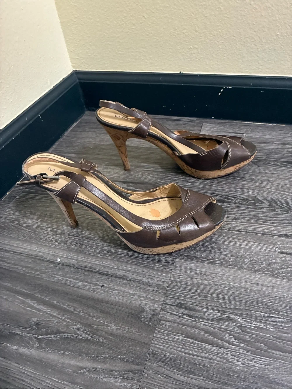 Marc Fisher Brown Leather Peep-Toe Slingback Wedges with Cork Heel